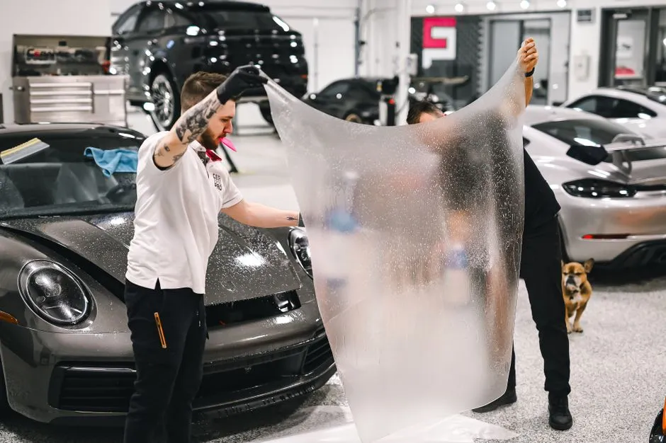 clear paint protection film being applied to a car bonnet to stop rock chips