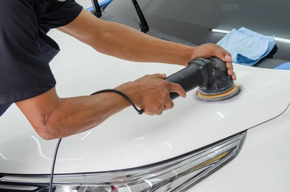 detailer machine polishing a car bonnet during the exterior stage of a full detail